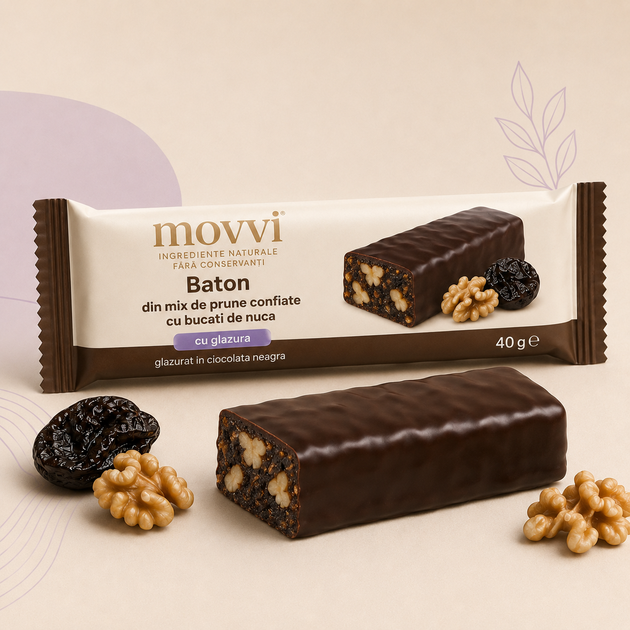 movvi baton cu glazura de ciocolata neagra din prune confiate si nuci - imagine 1