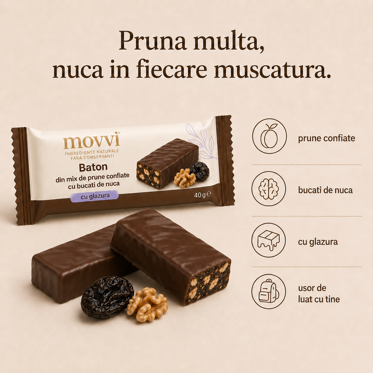 movvi baton cu glazura de ciocolata neagra din prune confiate si nuci - imagine 3